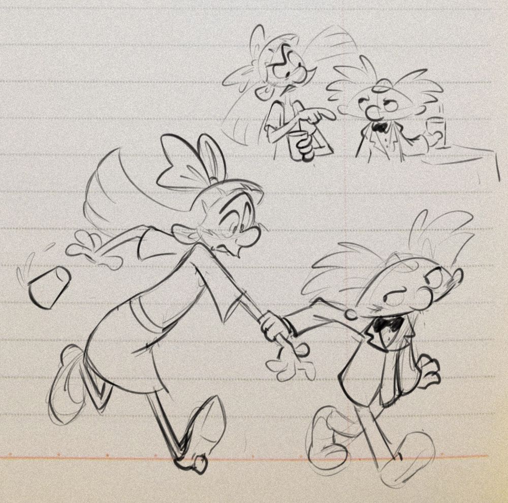 Two sketches of Helga and Arnold, dressed up for a school dance. 

The first sketch has the two of them holding drinks. Arnold puts his down on a table, looking frustrated with an equally sour Helga who says something to him while holding her own drink.

The second sketch sequentially shows Arnold dragging Helga out onto the dance floor. The latter drops her drink, flustered as Arnold grabs her by the wrist in exasperation. Both are blushing.