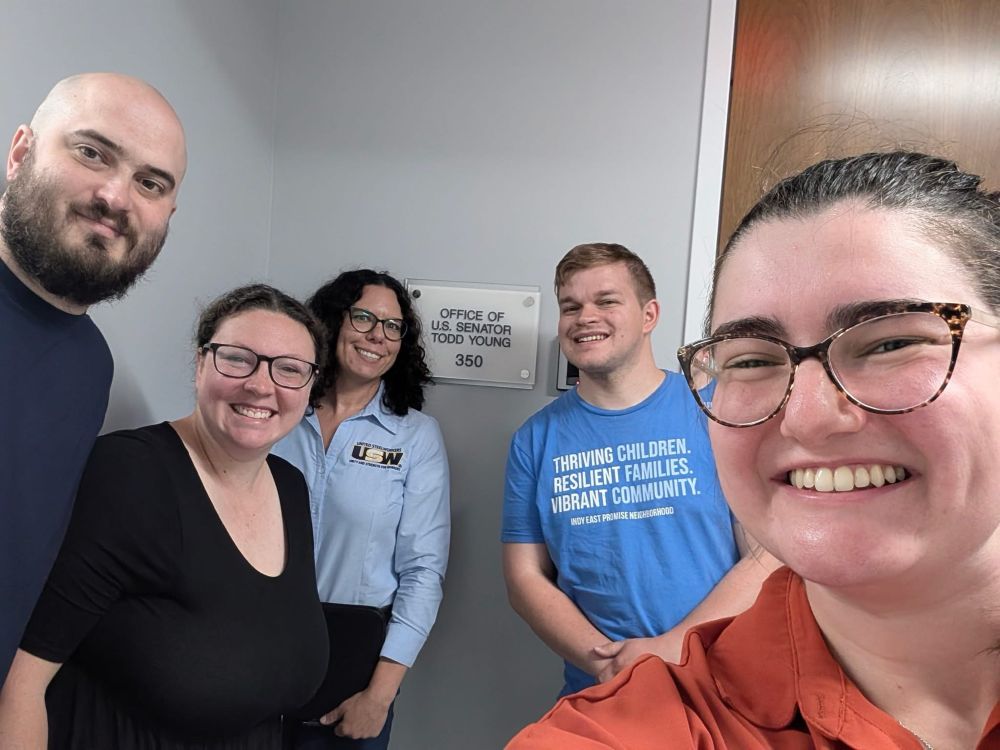5 individuals smiling at the camera outside of US Senator Todd Young’s office. 📣 Tuesday mornings group met with Monica from Senator Todd Young's staff to share real stories from real Hoosiers—and why policies coming out of Washington matter.



👩‍🔬 A newlywed PhD student studying Parkinson’s worried about losing her identity if she changes her name—and whether there will be enough research funding to finish her work.



🏥 A married couple—an ER doctor and a primary care physician—explained how cutting access to primary care drives up ER visits and costs. The ER doc also raised alarms about proposed cuts to life-saving medical research on heart disease.



🍎 A public school teacher spoke up about hungry kids struggling to learn—and advocated for his own rights and dignity as a teacher with Autism.



✊ And a union member reminded us all: when the rights of any group of workers are stripped away, it sets a dangerous precedent for all of us.



⚓ We expressed our appreciation for his leadership on The Building SHIPS in America Act, a bipartisan effort to revitalize our nation’s shipbuilding industry and strengthen U.S. manufacturing jobs.



These conversations weren’t about party lines—they were about people, dignity, and the future we’re building together.