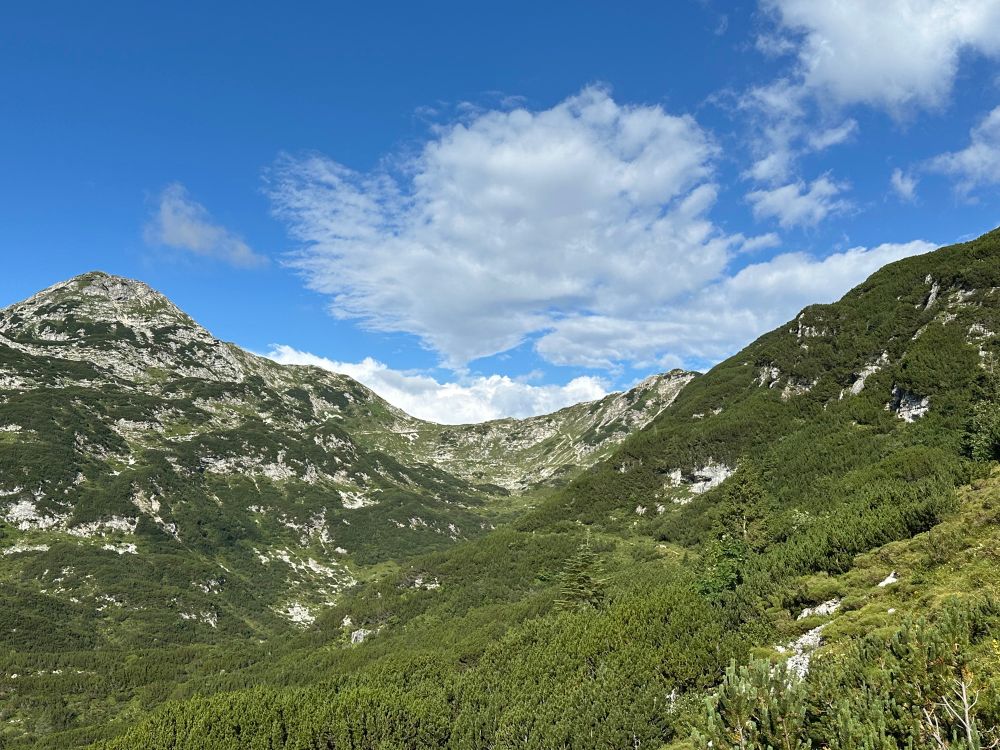 Mountains, mainly green with bits of limestone below a blue sky with white clouds. 