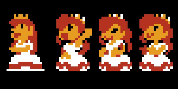 Peach as she appears in super mario bros on the NES, followed by three revised versions where she ultimately gives mario the 2 pistol salute