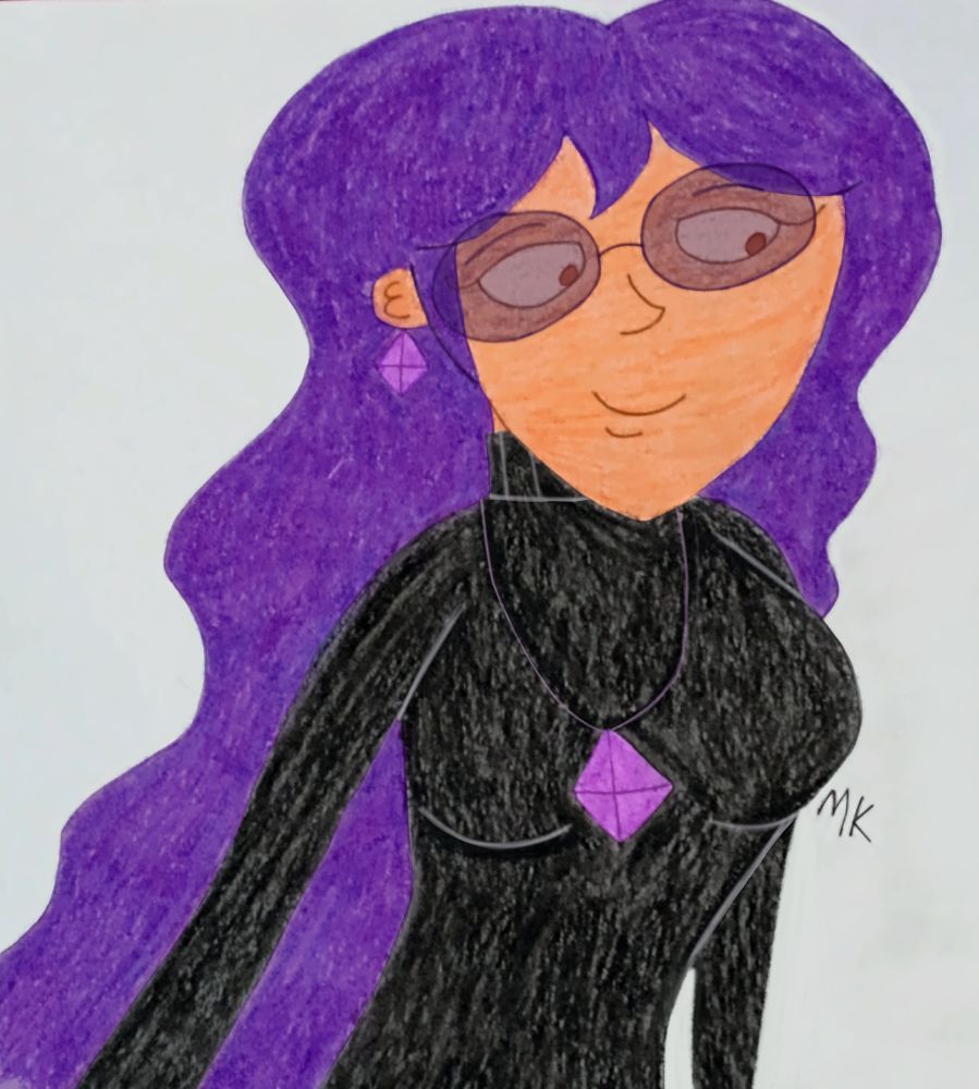 I drew MK using oil pastels today. She's wearing a black turtleneck and a gemstone necklace. 
