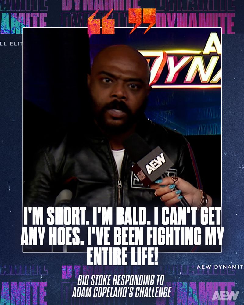A picture of Stokely “Big Stoke” Hathaway with a quote that says, “I’m short. I’m bald. I can’t get any hoes. I’ve been fighting my entire life!”