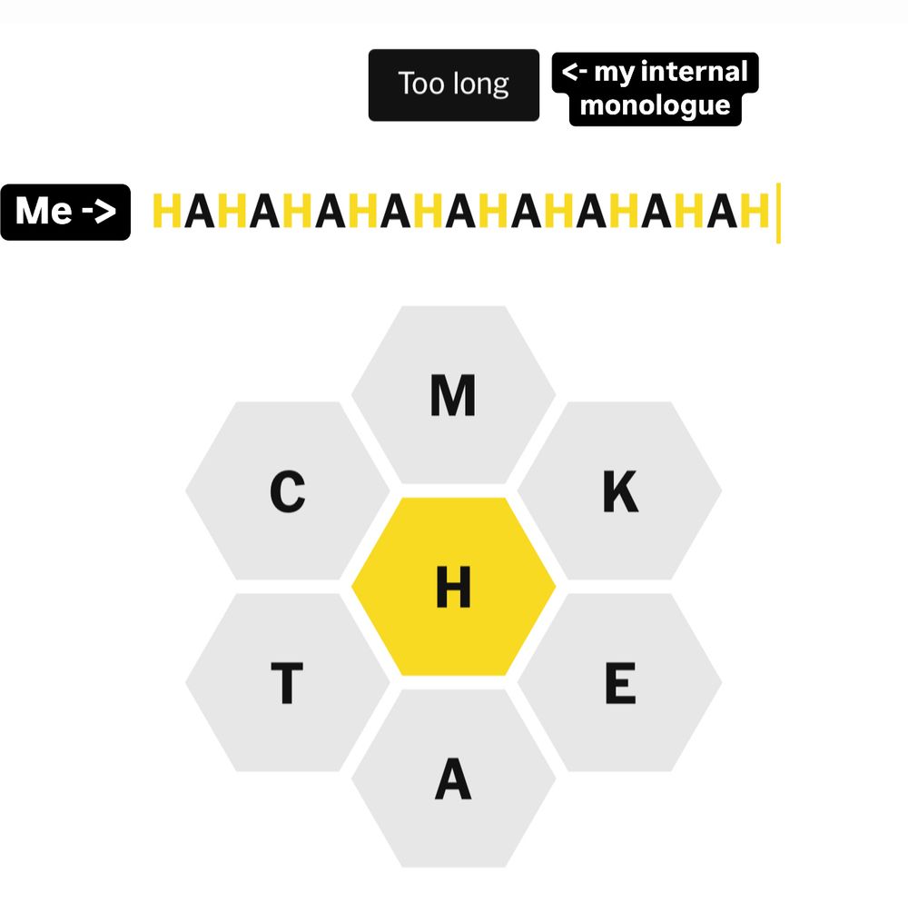 My guess (labeled “me”): hahahahahahahahaha

Game notification (labeled “my inner monologue”): too long 
