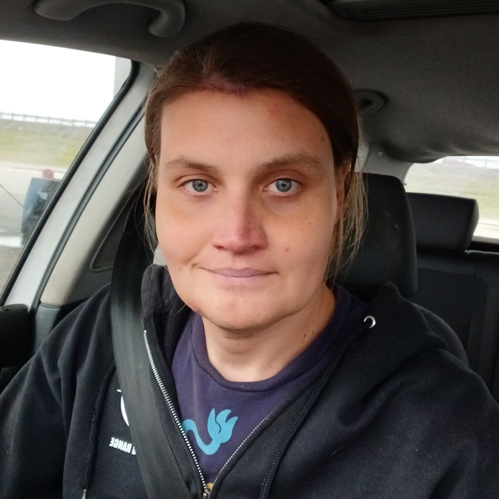 White woman sitting in her car. Green eyes, dark blonde hair, no makeup. Wearing a large hoodie.