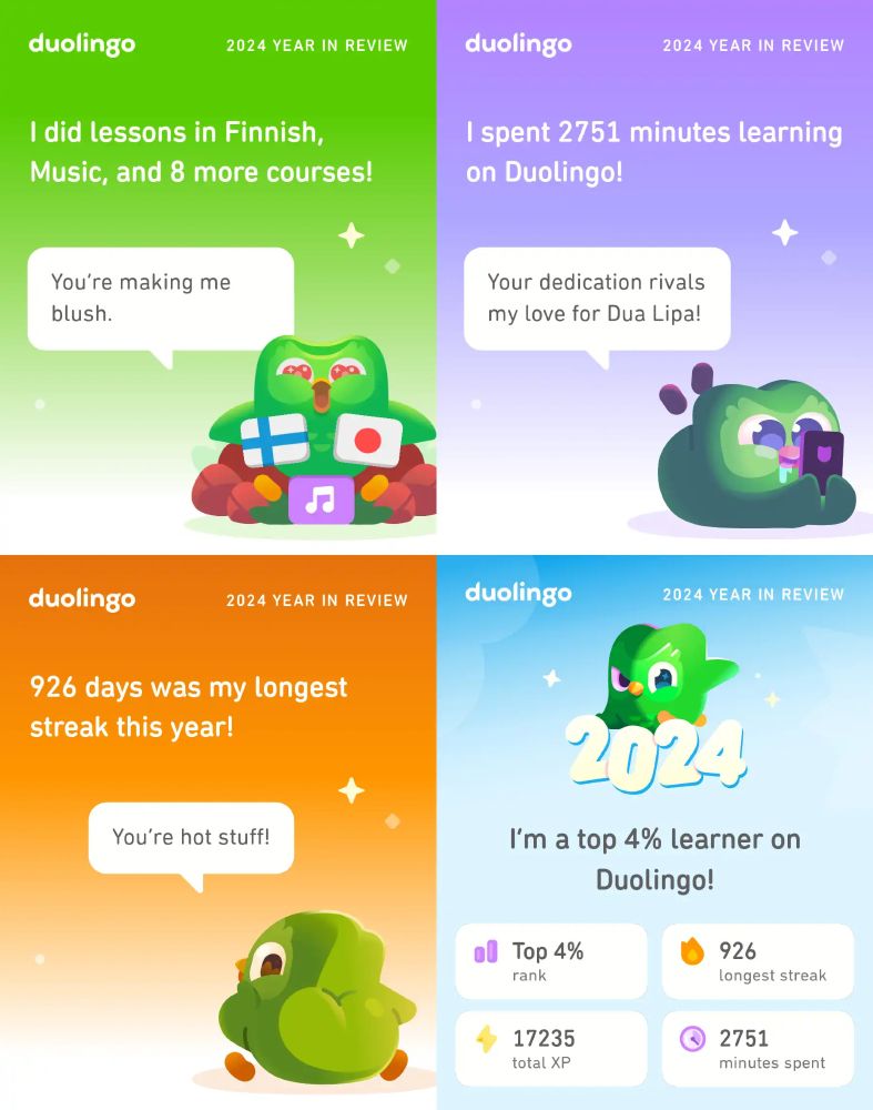 Duolingo 2024 YEAR IN REVIEW. Image with Duo with three flags: Finland, Japan, and musical note. I spend 2751 minutes learning on Duolingo. 926 day was my longest streak this year.