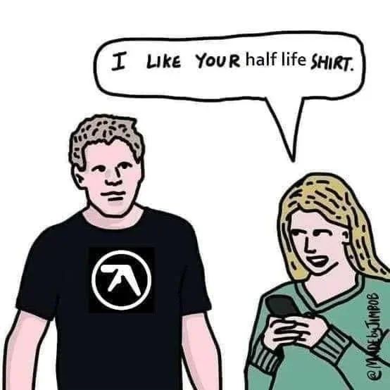 Man wears a T-shirt with lambda-esque logo. Another person says "I LIKE YOUR half life SHIRT." Side says at: MADEbyJIMBON