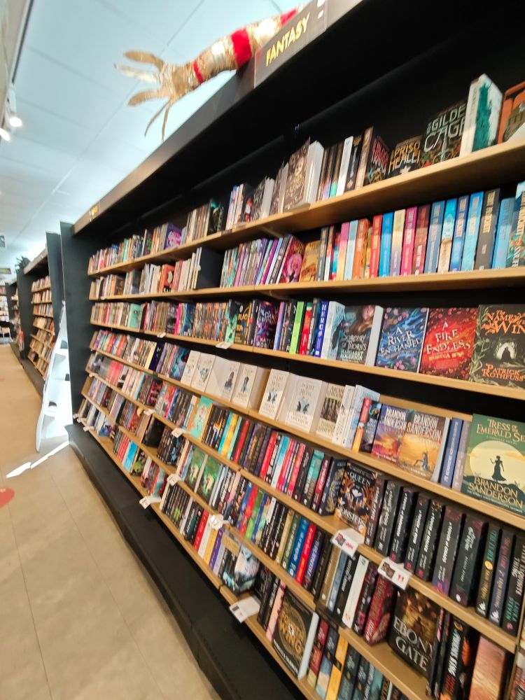 Drei große Bücherregale als Beginn der Fantasy-Bereichs. Viele Bücher gibt es auch als Schmuckausgabe, queere Bücher sind besonders hervorgehoben