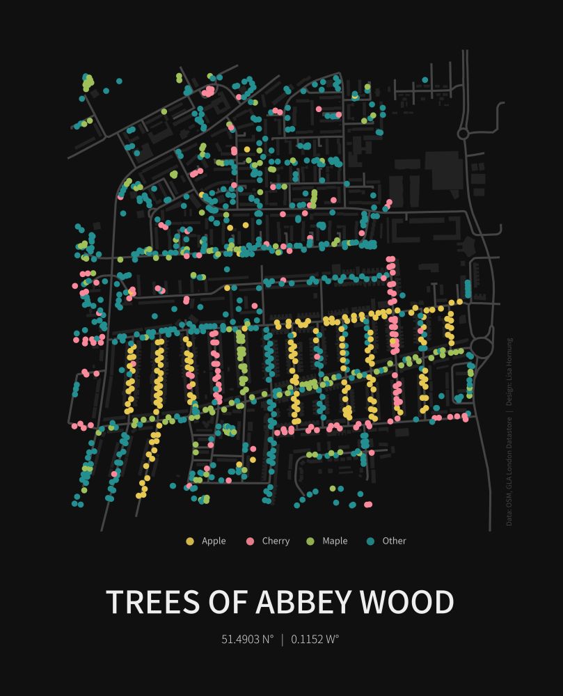 Map of Abbey Wood, London showing a dark basemap highlighting streets and buildings. Overlayed with points of four different colours to display council maintained trees distinguishing Apple, Cherry, Maple and Other