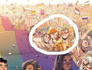 Zoom in of the spread page of Wolverine, Jean, Gray, and cyclops with a circle around them