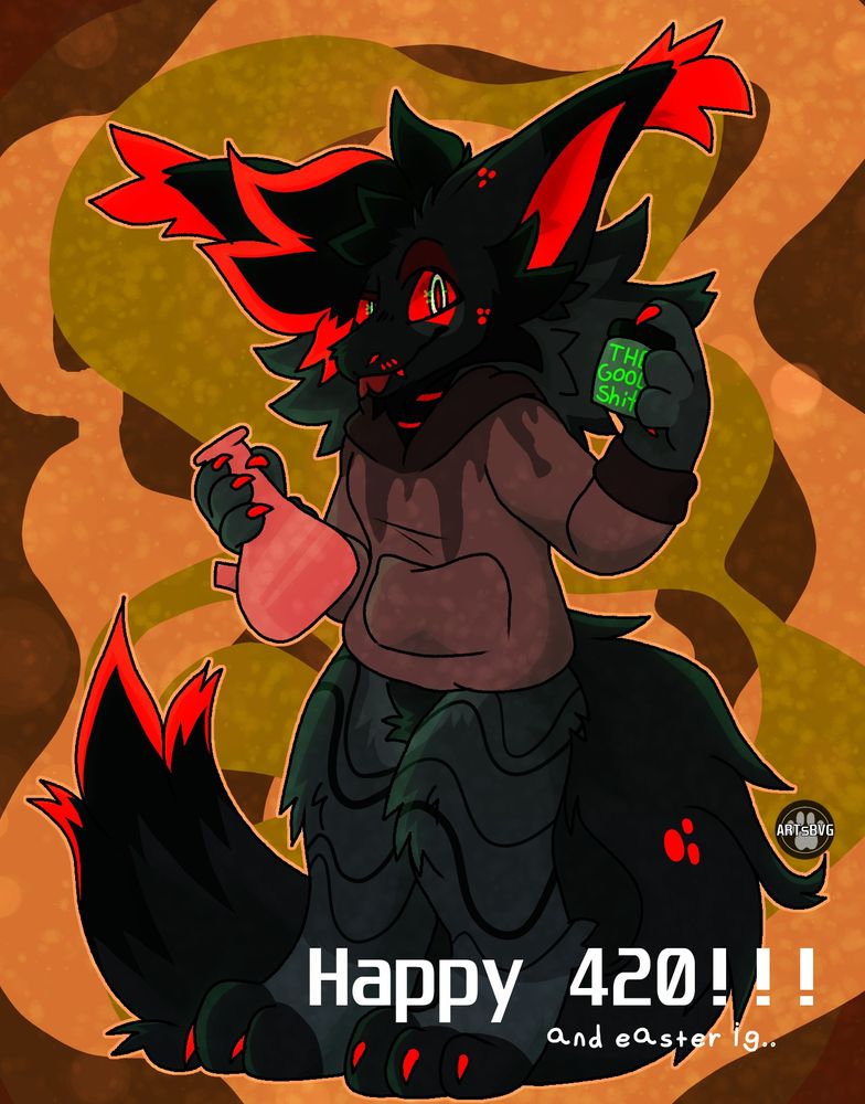 black and red fluffy monster holding a bong and edibles with the text "Happy 420!!! and easter ig.." :3