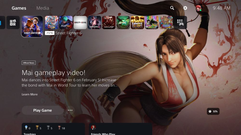 mai shiranui is added to street fighter 6's home screen on the playstation 5 menu. the text reads, "mai gameplay video! mai dances into street fighter 6 on february 5th! increase the bond with mai in world tour to learn her moves and..." the text trails off from there.