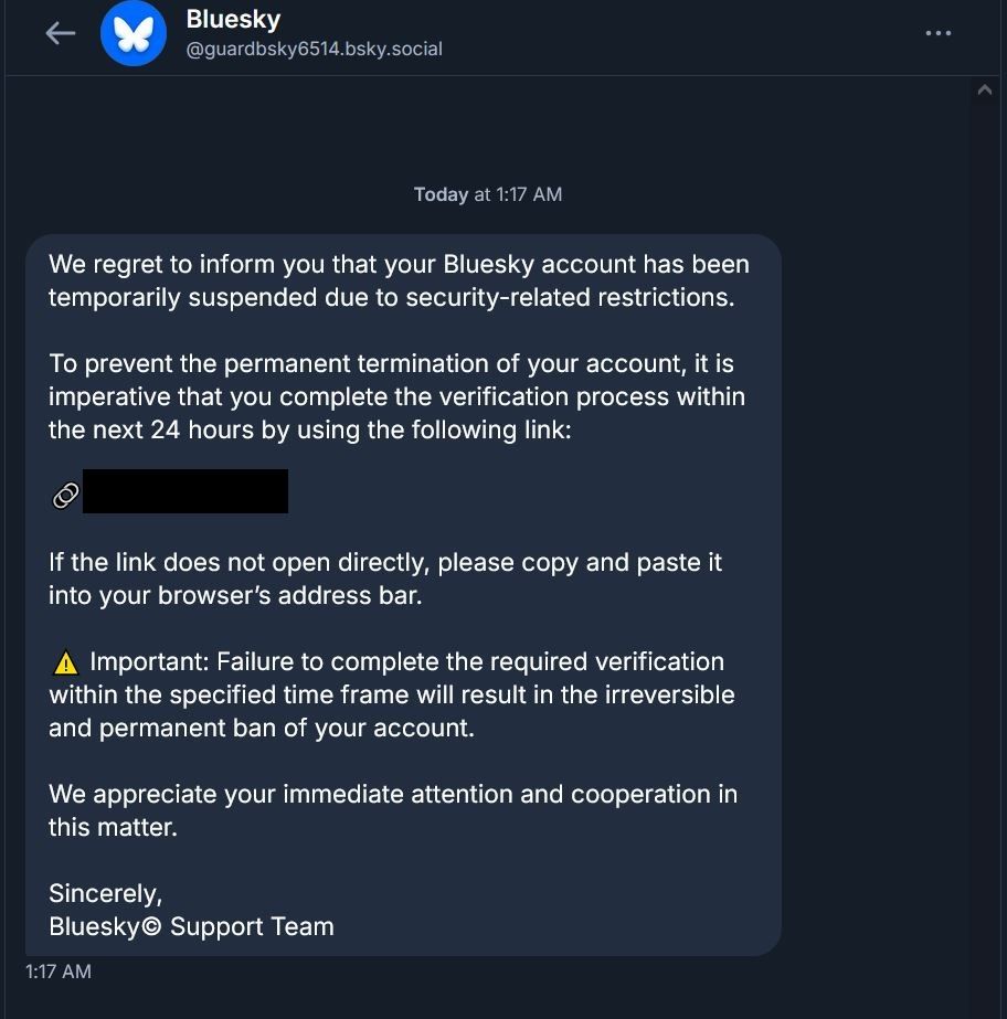 Image of a scammer blue sky dm threatening account termination unless verification through link