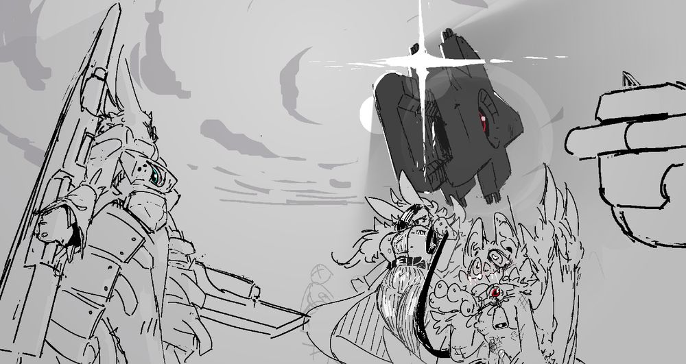 anthropomorphic furry figure in armor standing poised with two oversized gunblades, wrought with an unreadable expression. 

they are wary of an encroaching group consisting of armed guards and two figures of note: one is a woman in a lab coat and an eyepatch wrap who is holding a leash. attached to that leash is a second bat-like figure with bladed wings on their hands and knees, with one hand out in a cat-like begging motion. they are bruised, naked, and aroused. they have a collar with a cowbell attached.

there is a large looming structure overhead in the sky. it has a design motif of a black circle with a colored loop which is repeated on the first figure's chest armor and the leashed figure's collar. the sky-structure and leashed figure's motifs are the same red, while the armored figure's is a light blue