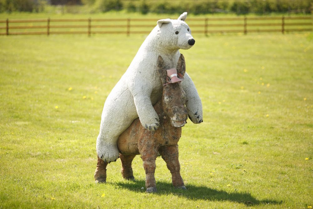 A monstrosity in a large green field - a large white polar bear toy riding on the back of a large stuffed brown donkey wearing a pink peaked cap. 