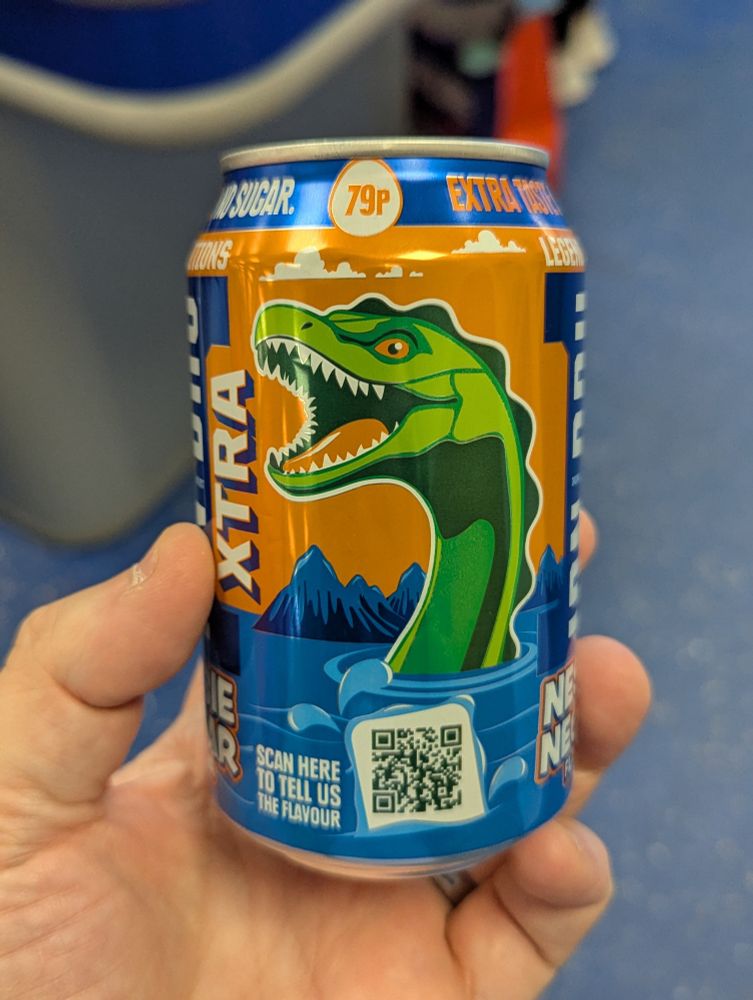 The other side of the can, showing a green Nessie and a qt code.