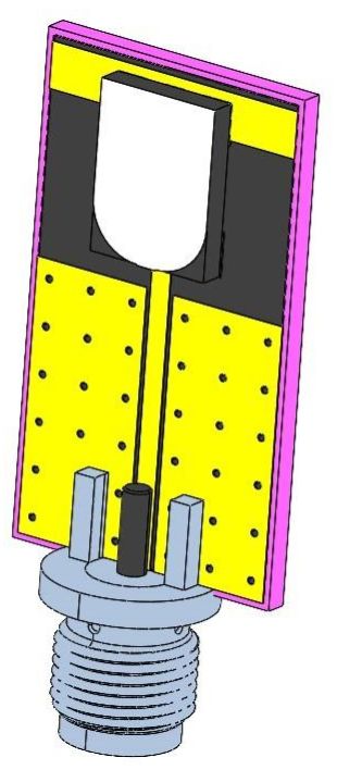 A computer generated model of.... where to start? There's a round grey base with prongs jutting out, gripping a yellow and black rectangle that appears to be embedded with some kind of electronics. 