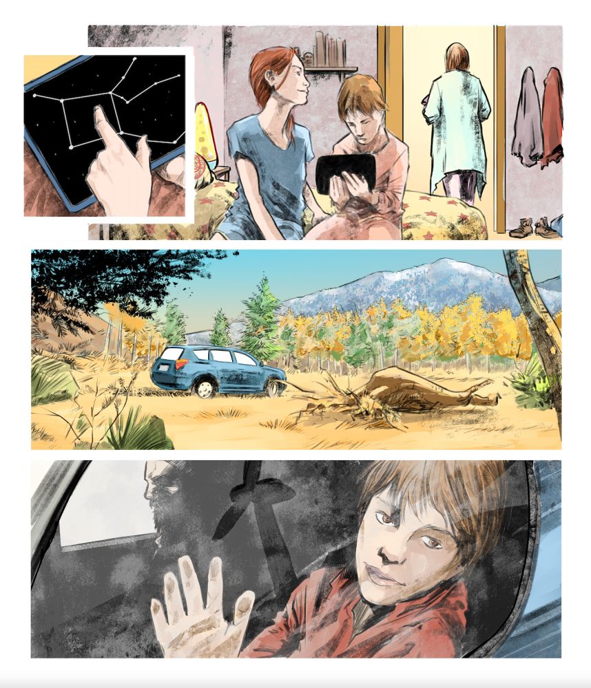 Four panels of comic book artwork for HEARD. The top two feature the character Owen using his iPad to draw constellations while his family watches. The next one down shows an SUV parked in a wilderness. And the final panel features Owen looking out the window of the SUV.