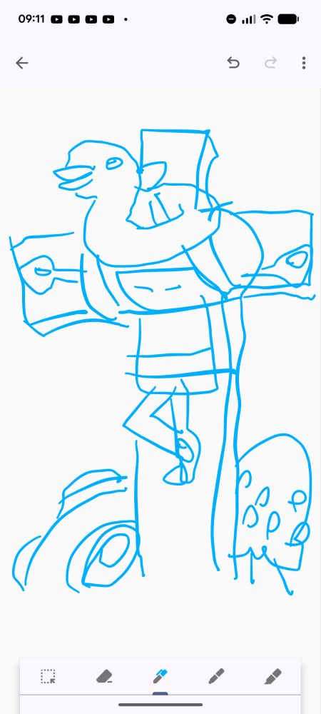 Screenshot of Google Keep where I have doodled with my fingertip the Prince of All Cosmos from Katamari Damacy crucified, a duck inner tube on his head for a crown of thorns, a katamari and fanciful mushroom behind the cross