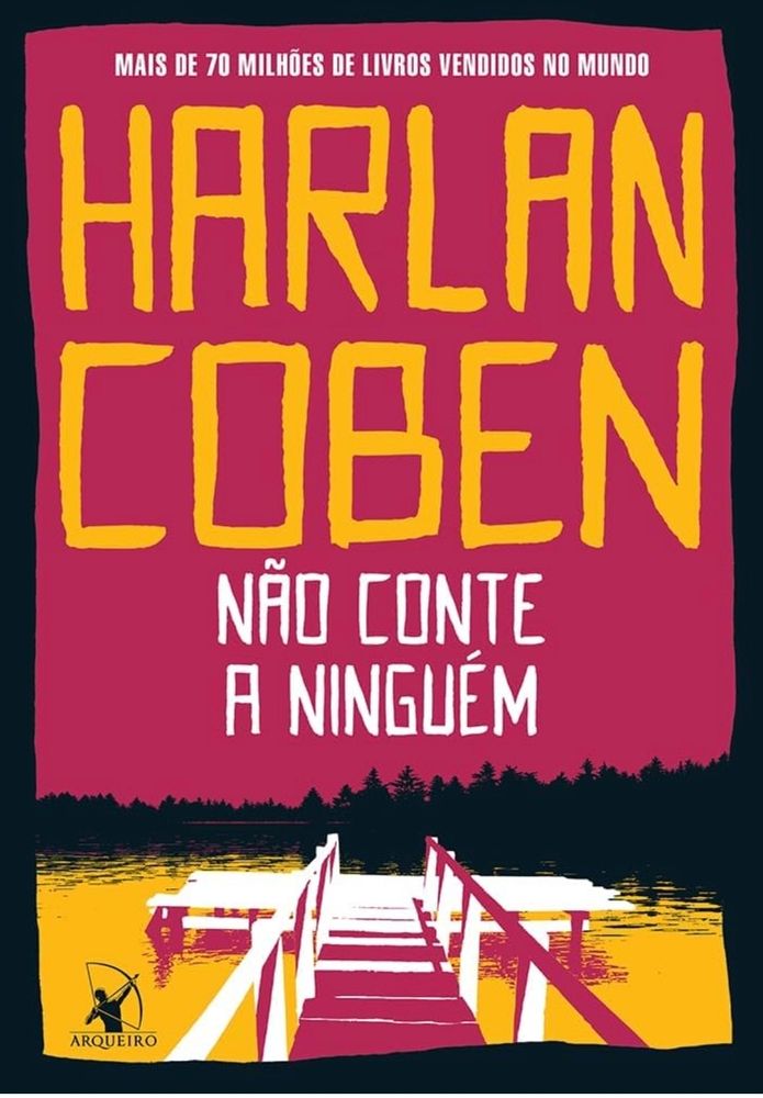 Capa do livro "Não Conte a Ninguém", de Harlan Coben.
A capa, em cores quentes, apresenta a vista de um pier a beira de um lago, e, ao fundo, a sombra de floresta de pinheiros sob um céu alaranjado. 
O nome do autor ocupa toda parte superior da capa, e, logo abaixo e centralizadamente, o título do livro em uma fonte menor.