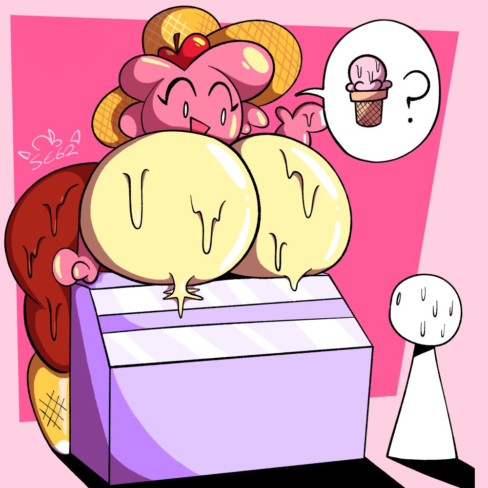 Flowsie's Vera resting her breasts on an ice cream counter asking if someone would like an ice cream.