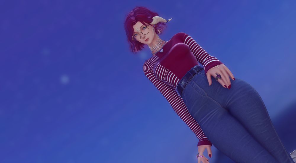 Red and pink haired Au'ra in a red and white sweater and tight blue jeans, doing a sexy pose 
