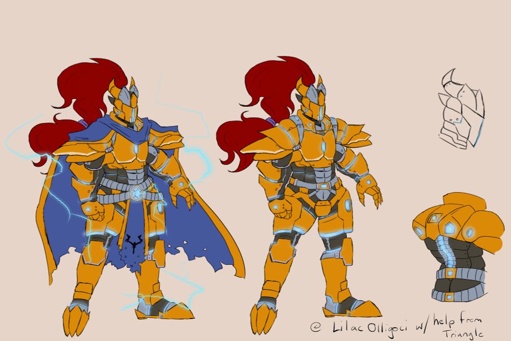 A reference sheet of a man in yellow armor with grey trimming and electric blue outlines and chest gems, and a red plume. One reference has him in a blue-purple torn cape.