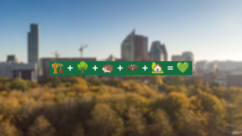 De skyline van Den Haag met daarvoor bomen. Op de voorgrond staan de volgende emojis voor een groene achtergrond: 🏗️ + 🌳 + 🦔 + 🦇 + 🏡 = 💚