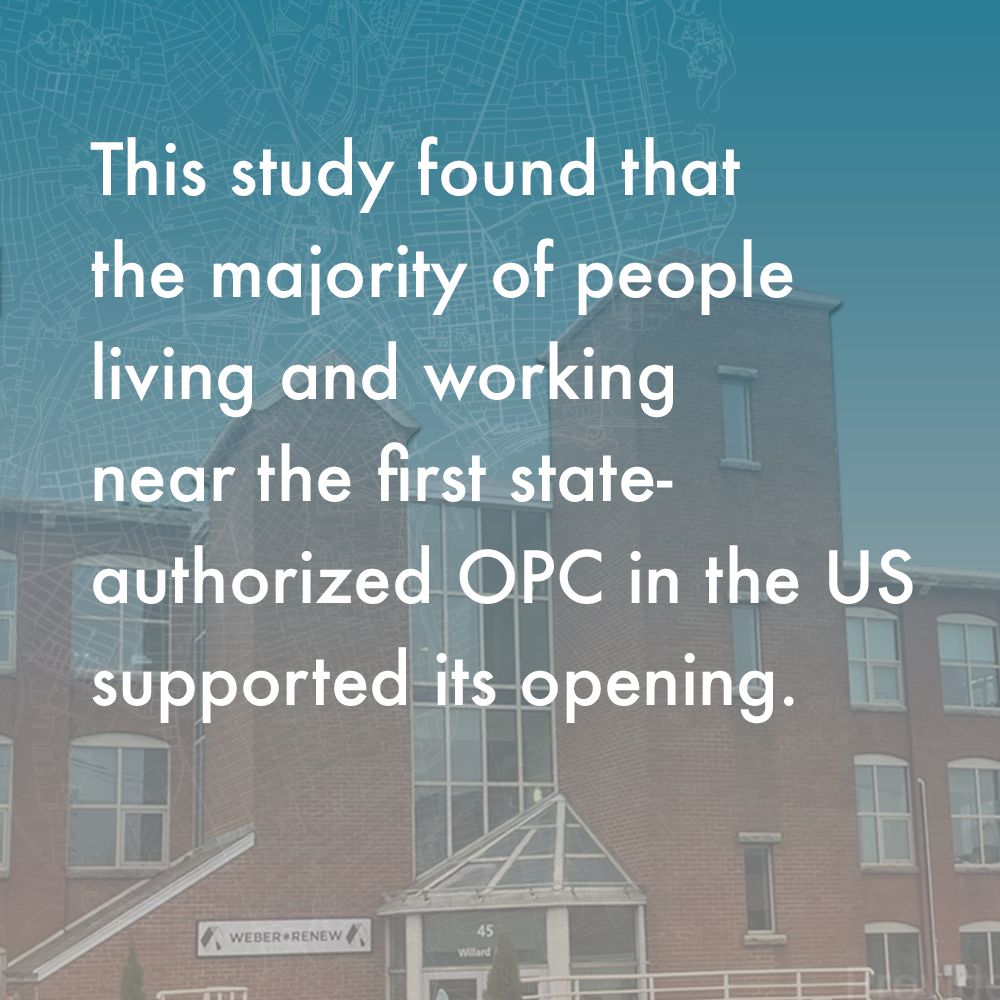 A brown building (the OPC) rises into the sky. In the background is a map of the streets of Providence. There is a light blue gradient.

This study found that the majority of people living and working
near the first state-authorized OPC in the US supported its opening.
