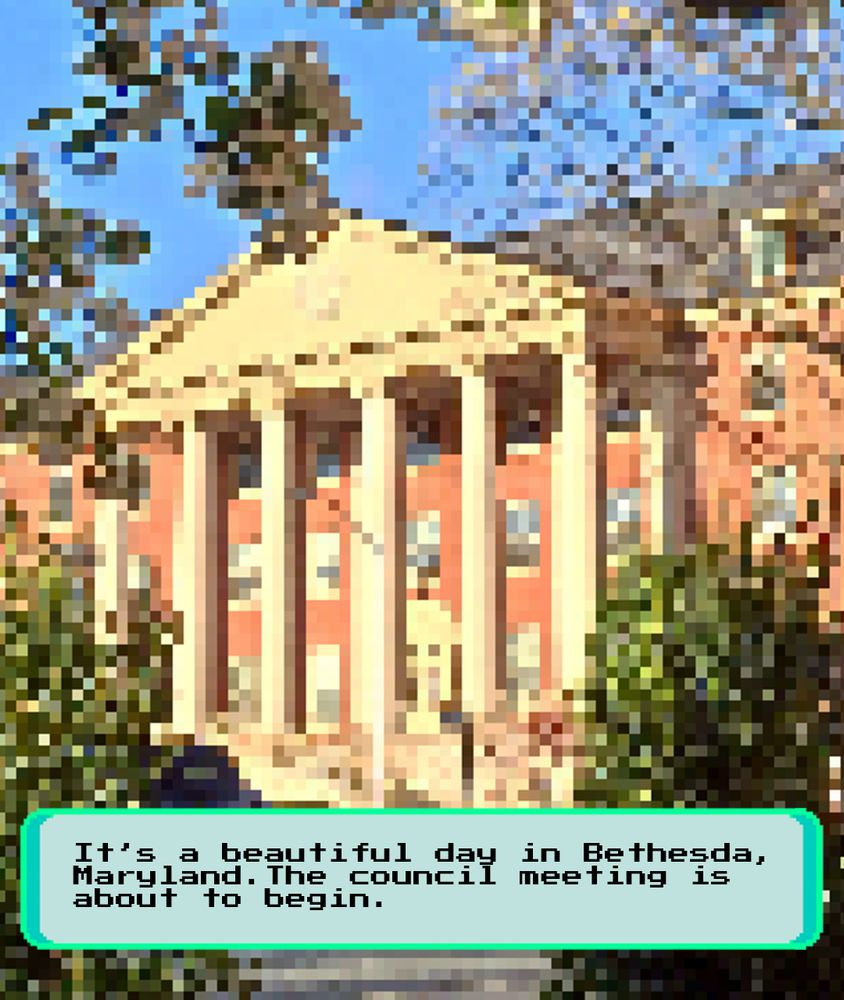 A pixelated image of NIH’s Bethesda campus is visible. In a green box is the text: “It’s a beautiful day in Bethesda, Maryland.The council meeting is about to begin.”
