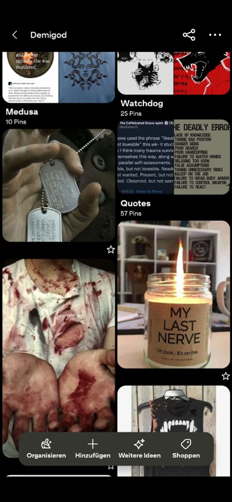 Screenshot of a character pinboard featuring: dog tags, fake blood and injuries and a candle named "My last nerve"
