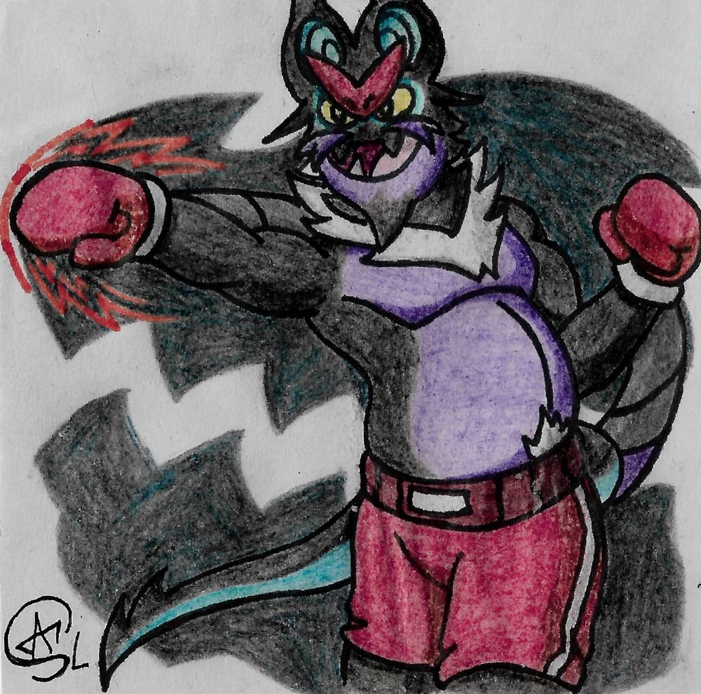 A traditional drawing of an anthropomorphic Noivern boxer man. He's punching in front of him with his right arm while looking quite eager and excited. He has a notable mustache and goatee. He's wearing only boxing shorts and boxing gloves.
