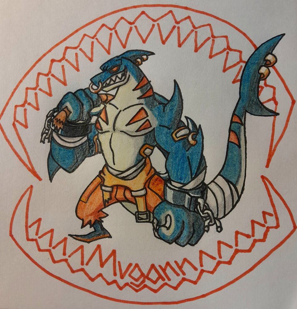 A traditional drawing of an anthro shark man. He's standing up with his right arm holding an anchor over his shoulder. He has a somewhat sinister yet smug grin on his face. He's wearing torn leftovers of an orange prison jumpsuit. He has rings in his nose, head fin, the fin on his right arm, and on his tail fin. He's wearing broken handcuffs on his wrists. He has bandages around his wrist and base of his tail. He's also covered in bandaids in several places.