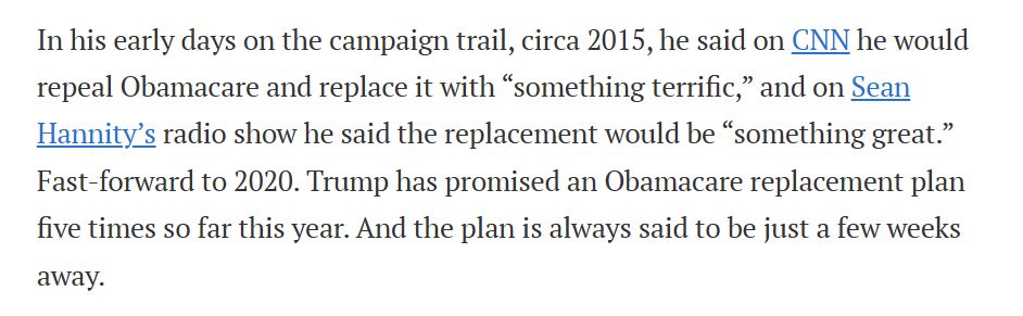 Trump has promised an Obamacare replacement plan five times so far this year. And the plan is always said to be just a few weeks away.