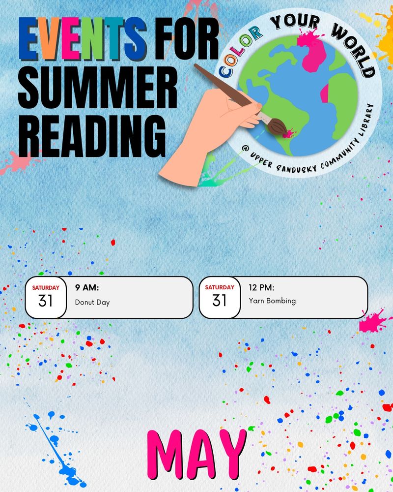 Watercolors and paint splotches. Text says Events for summer reading May. Full schedule listed in original post.