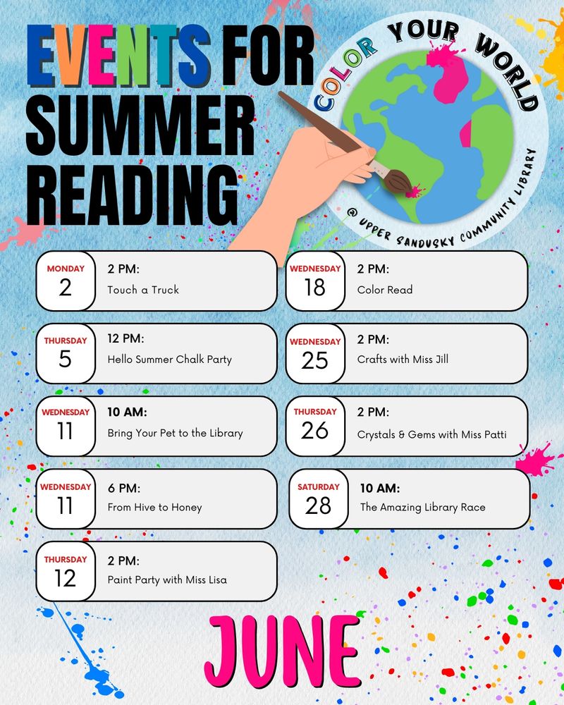 Watercolors and paint splotches. Text says Events for summer reading June. Full schedule listed in original post.