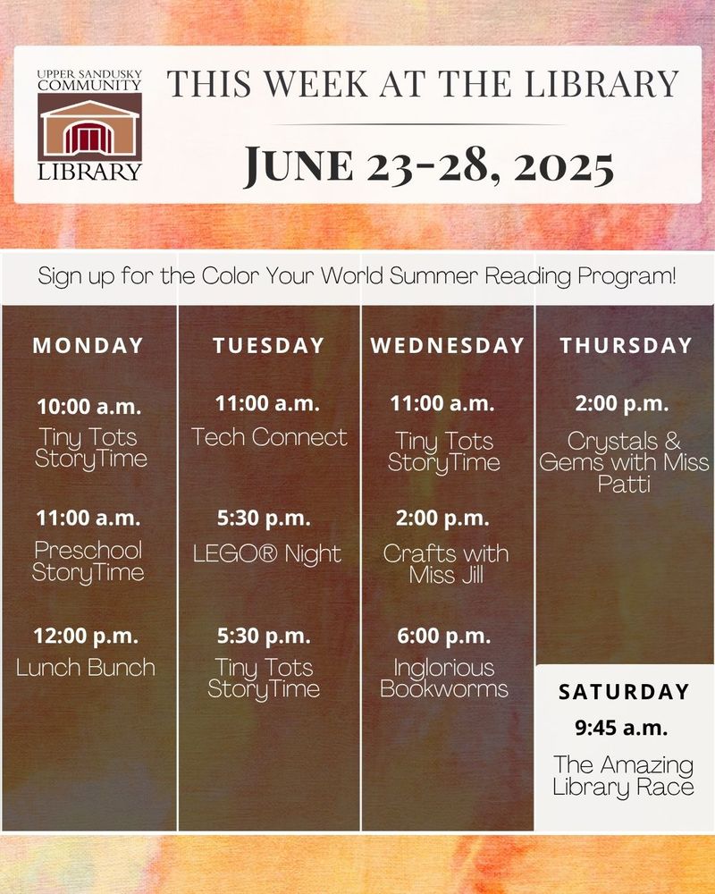 Watercolors on a piece of paper. Text says this week at the library June 23-28, 2025. Sign up for the Color Your World Summer Reading Program. Full schedule listed in original post. 