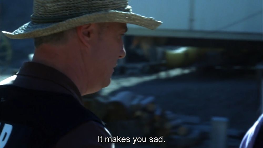 screenshot from CSI 7x21. grissom is telling an off-screen sara 'it makes you sad'