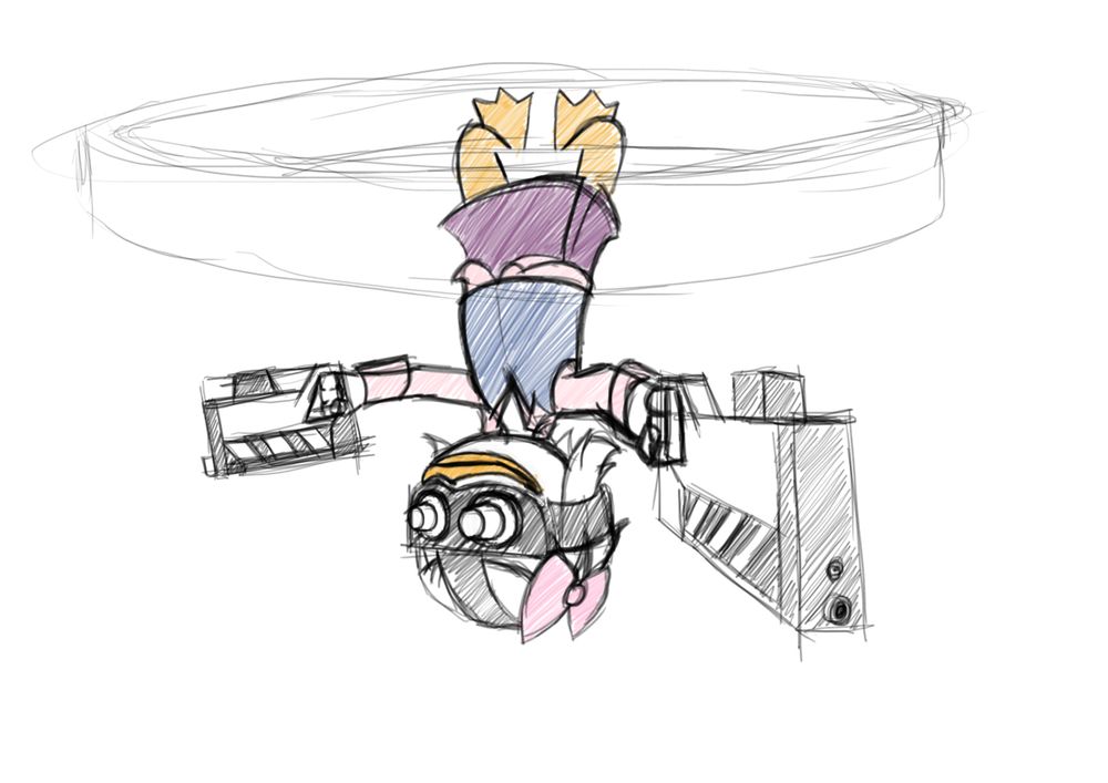 A sketch of Webby from DuckTales hanging upside down from what appears to be a chandelier. She's wearing a blue vest over a pink shirt, a purple skirt, and a pair of night vision goggles with a pink bow on her head. The drawing shows her in an action pose holding out two foam dart pistols pointed in different directions.