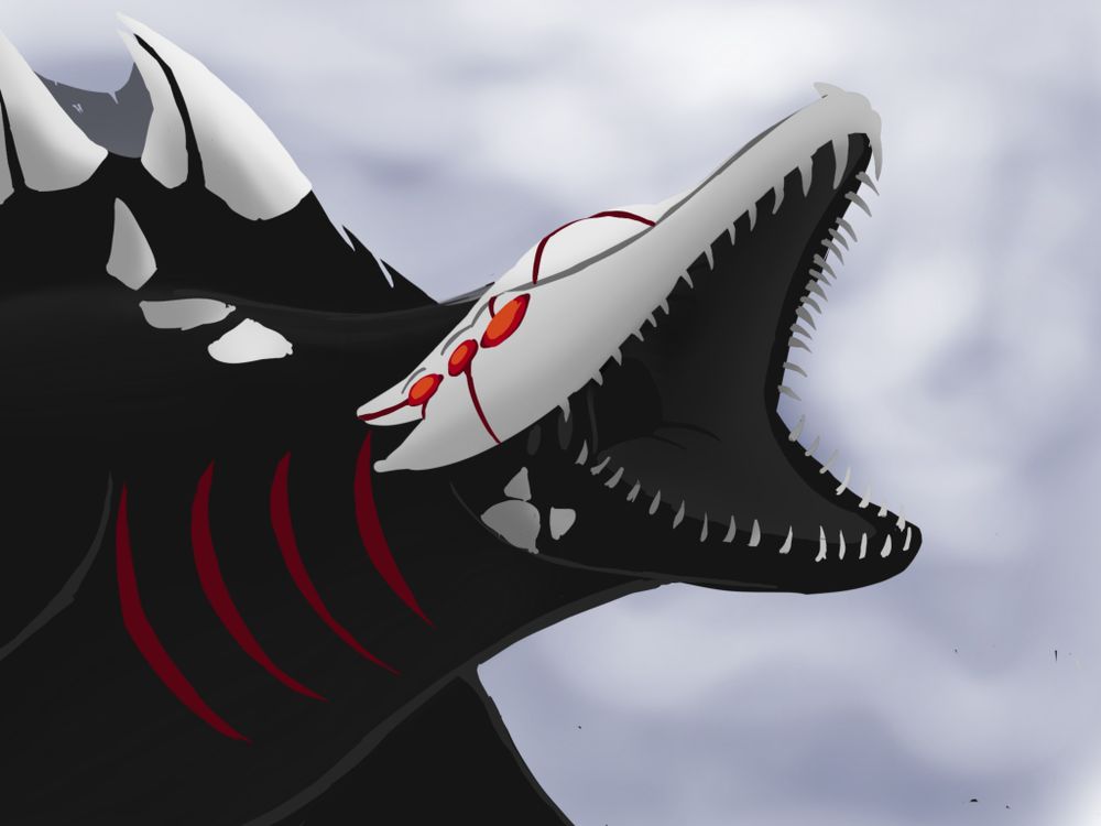 A fierce, stylized depiction of a sea monster with an open, gaping mouth full of sharp, jagged teeth, called a Leviathan-class Grimm. The Grimm is primarily one color, with markings in two other colors, and has a sleek body. Armor-like spikes protrude from its back, and the creature's skin is adorned with slashes representing gills on its neck. The sky behind the Grimm is cloudy and ominous, contributing to the intense, foreboding atmosphere.