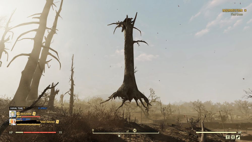 First person view of a dead tree floating above the post-apocalyptic Ohio landscape