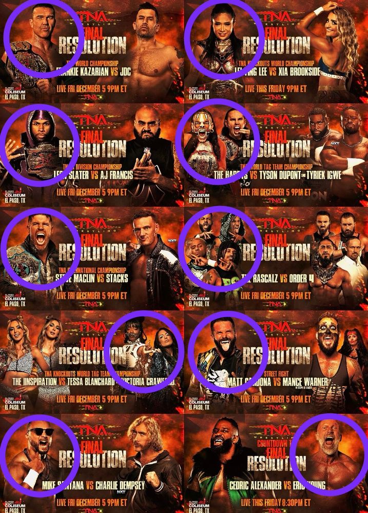 Picks:
Kaz
Lee
Slater
Hardys
Maclin
Rascalz
Tessa & Crawford
Cardona
Santana
EY