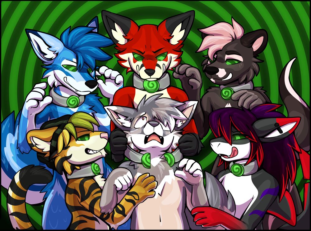 An orange tiger, blue jackal, red fox, dark brown otter, and black shark, all with green hypno eyes and green hypno collars on, surround Rocky, a grey wolf. The red fox hold a hypno collar around Rocky while the others watch with excitement.