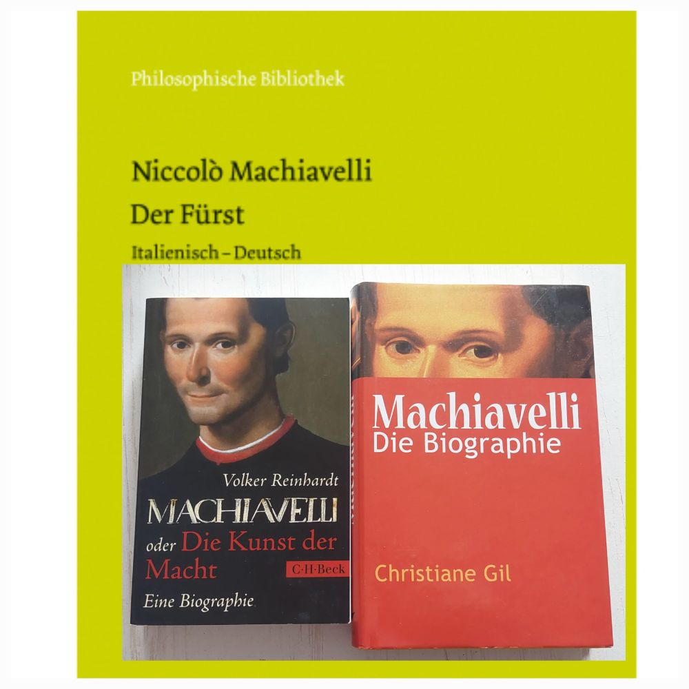 Collage dreier Bücher über Machiavelli.