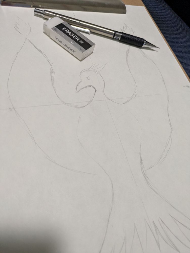 Pencil outline of Phoenix with an eraser and mechanical pencil resting above the bird's head.