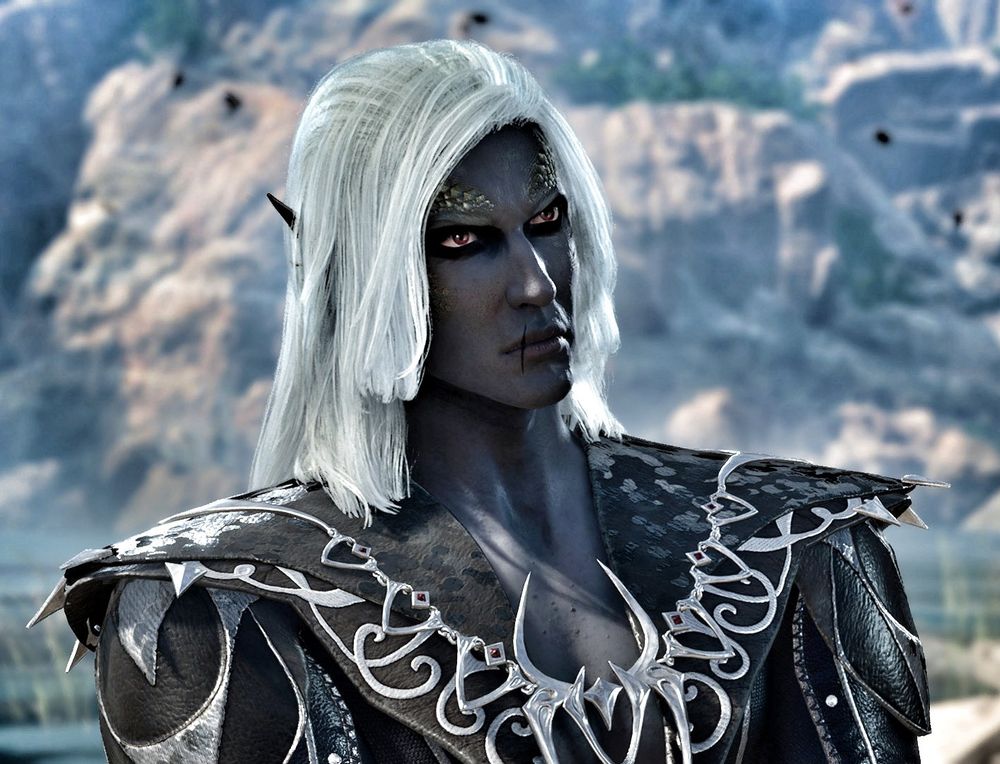 Screenshot of a drow man with brass scales on his face, with his head canted to the side while he looks annoyed.