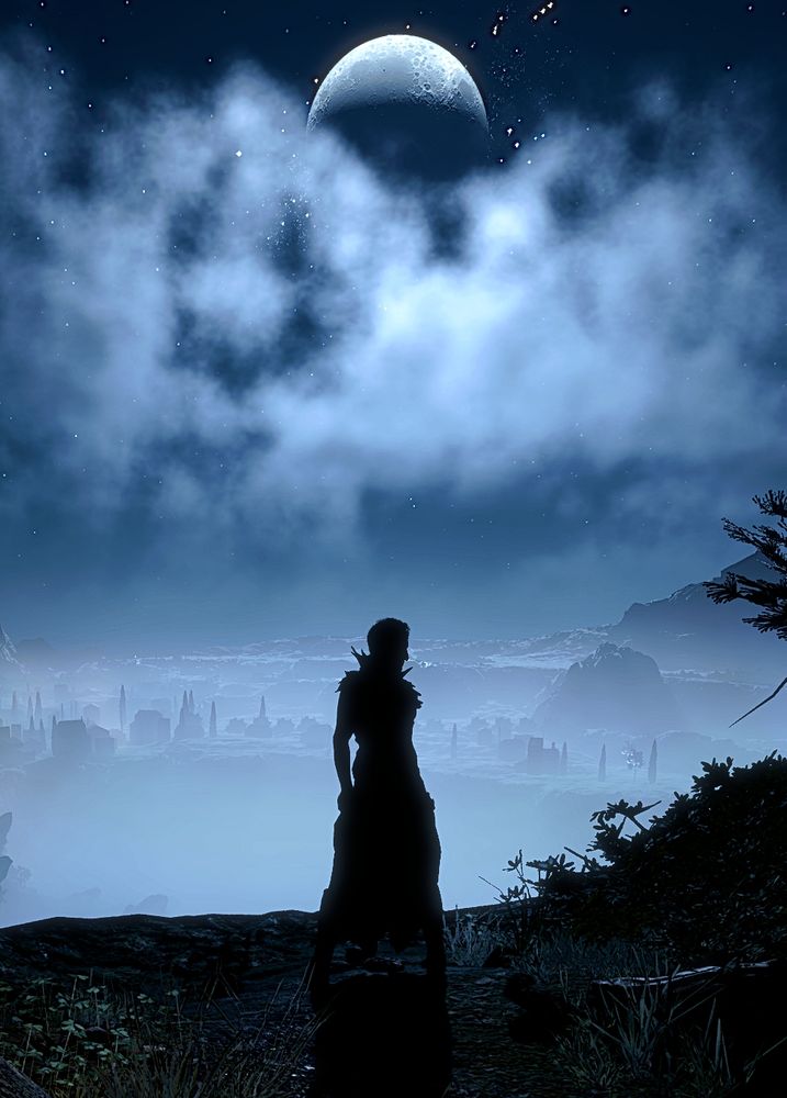 Screenshot from Baldur's Gate 3. Abdirak is stood on a high cliff, silhouetted against the moonlight in a dramatic pose. In front of him is the city of Baldur's Gate in the distance, and the starry sky above is cloudy with a large, detailed moon. 