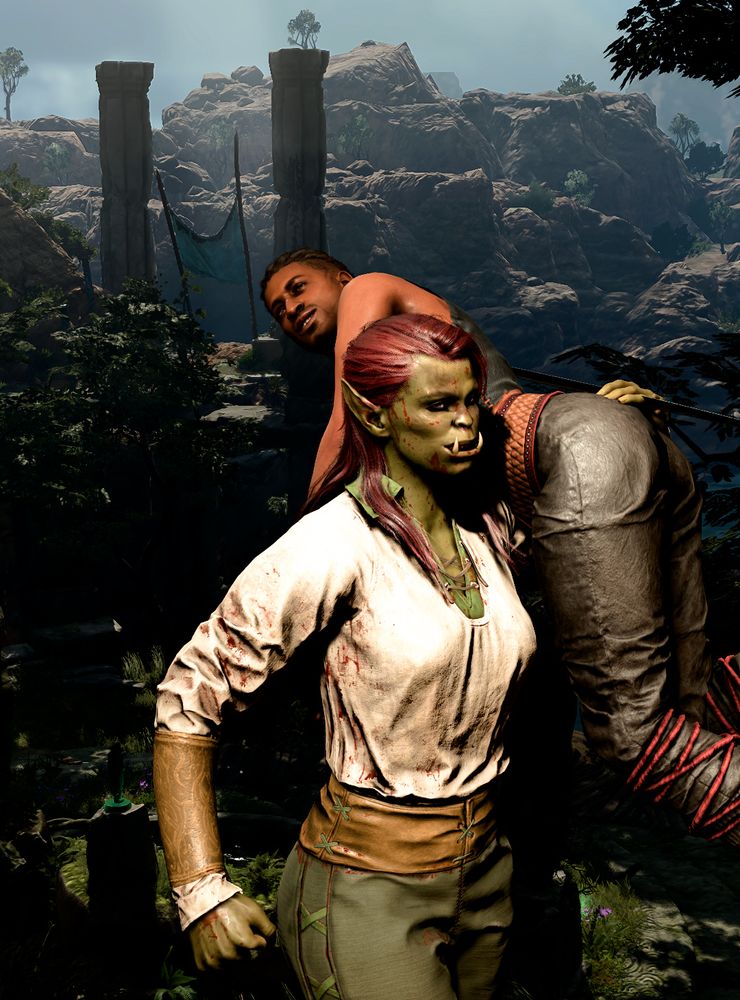 Baldur's Gate 3 screenshot of a half orc woman holding Wyll Ravengard over her shoulder, looking like she's off on a mission, while Wyll looks over her shoulder with a big smile on his face