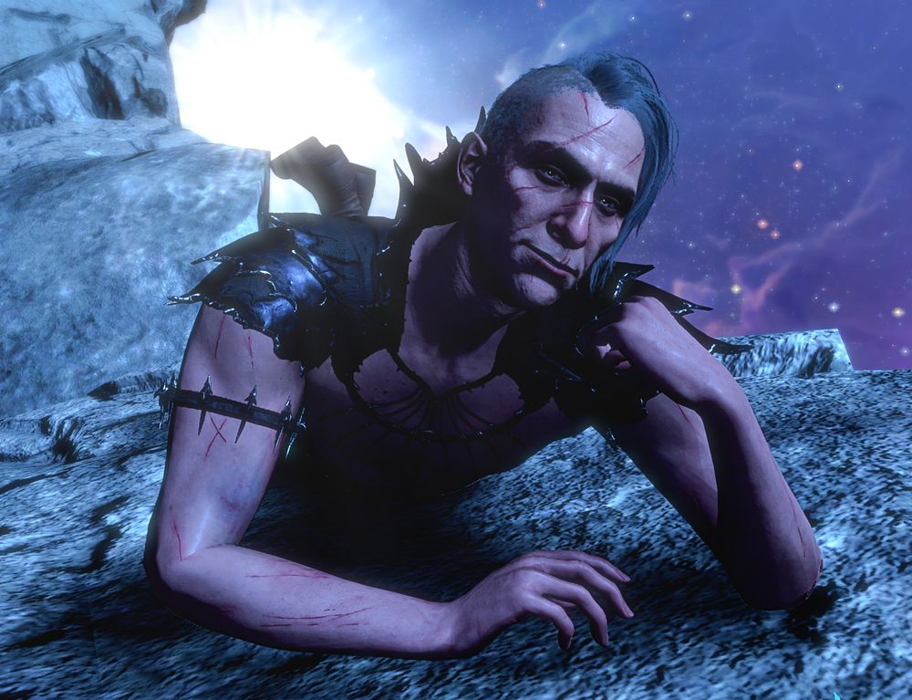 Screenshot of Abdirak. He's lying on a rock in the astral realm, on his stomach propping his chin up with one hand and his feet up in the air behind him. He's smirking at the camera. 