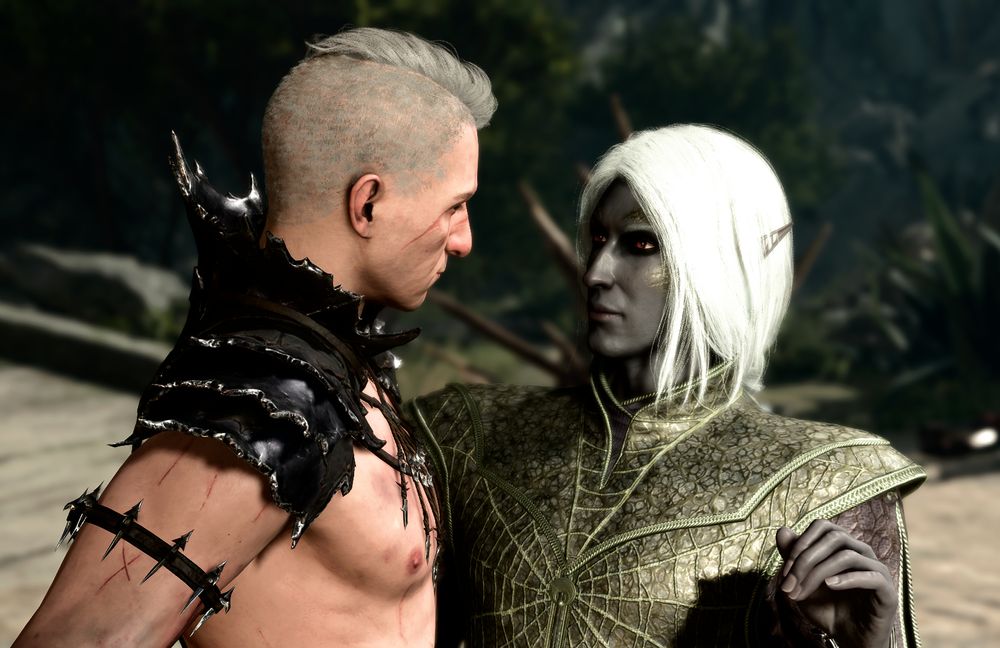 Screenshot of Abdirak the Loviatan priest with his arm around a drow man with brass scales on his face. They are looking into each others' eyes intensely as they lean towards each other. The angle is more focused on the drow's face