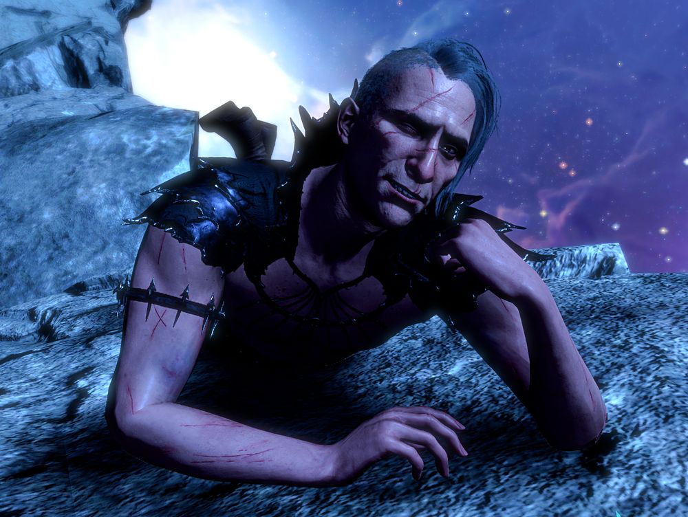 Screenshot of Abdirak from Baldur's Gate 3. He's lying down in the astral realm, on his stomach with his torso propped up on his elbows and kicking his feet up in the air. He's resting his chin on one hand and winking at the camera with a smile. 